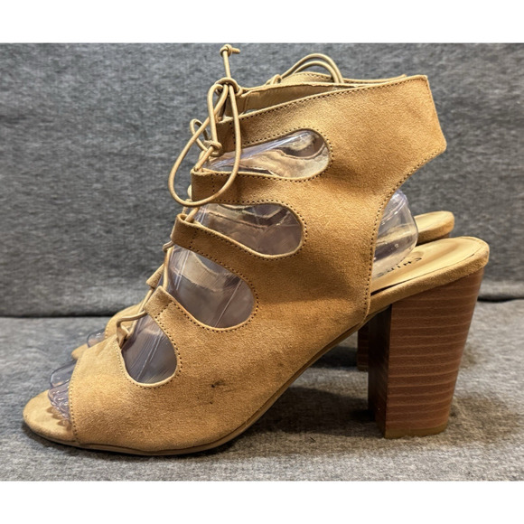 CL by LAUNDRY Tan Shoes Open Toe Block Heel Straps Lace Up - Women's Size 10 - Picture 5 of 9